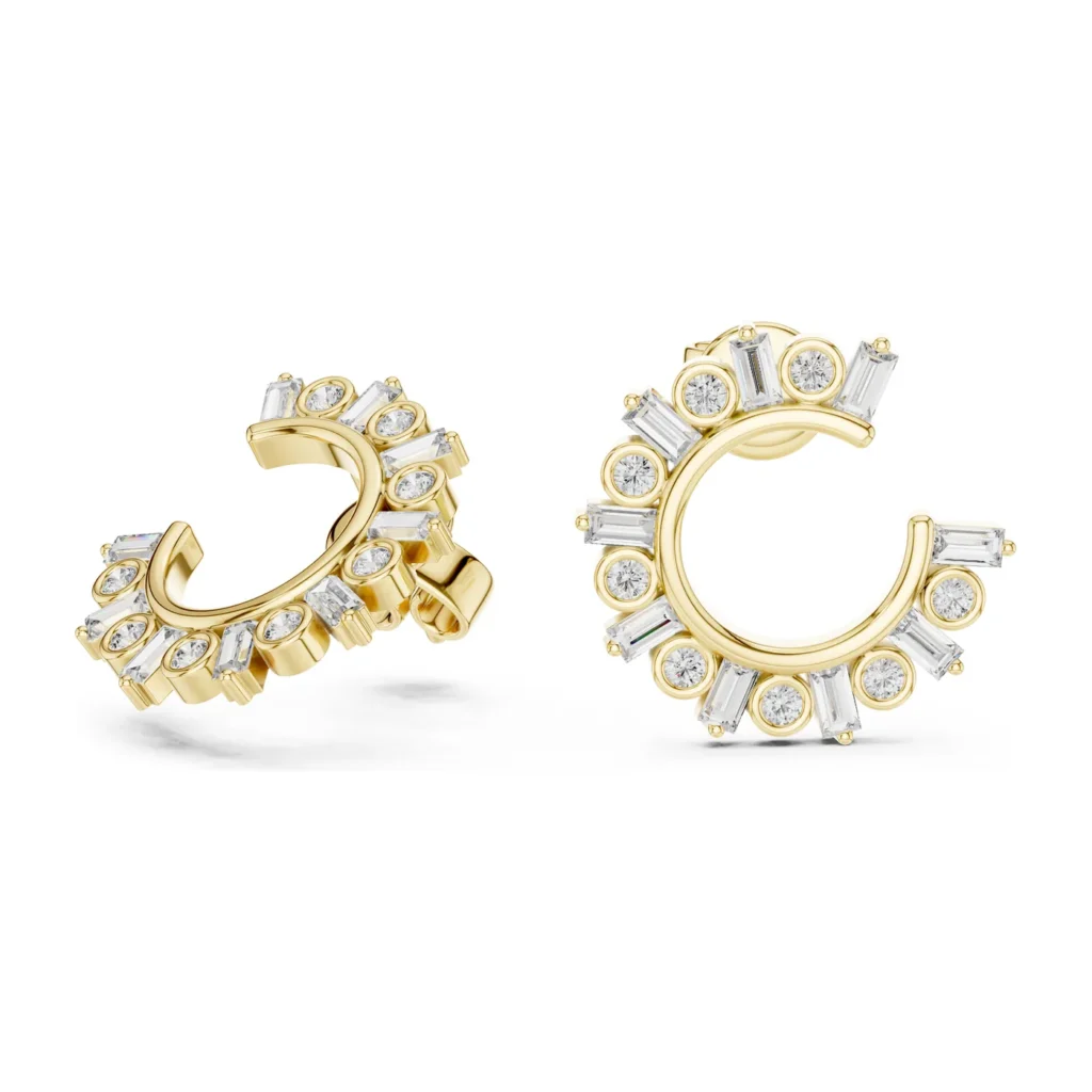 Baguette and Bezel Front Hoop Earrings