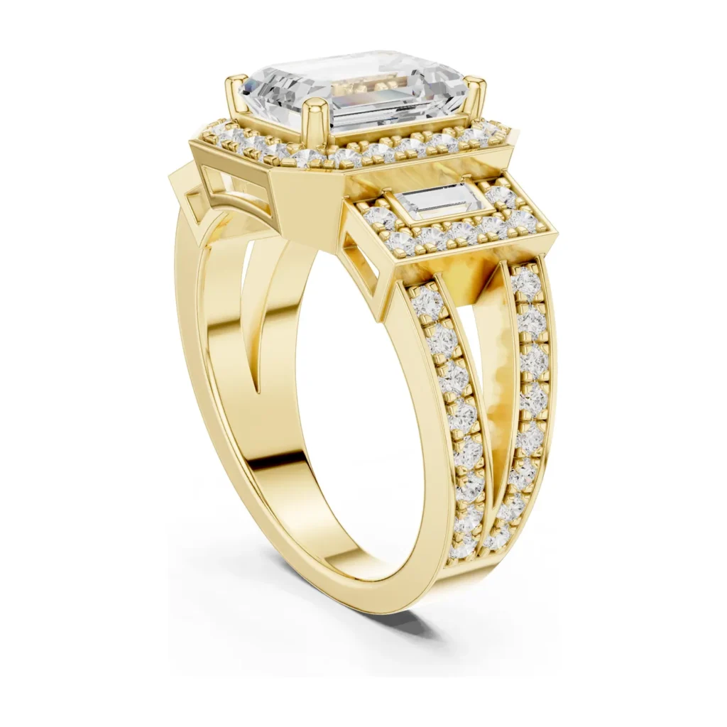 Emerald-Cut Halo Baguette Shoulders Ring