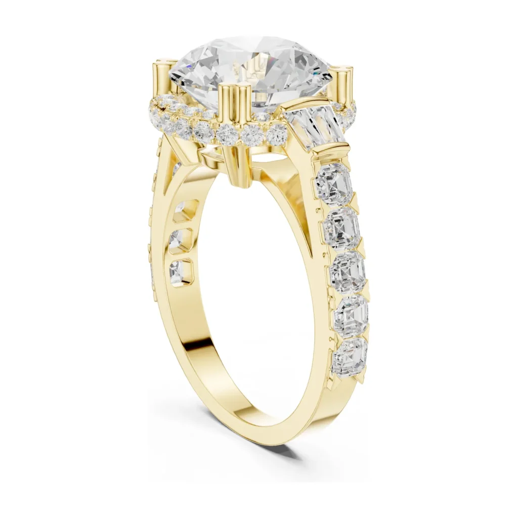 Round Halo with Baguette Accents Ring