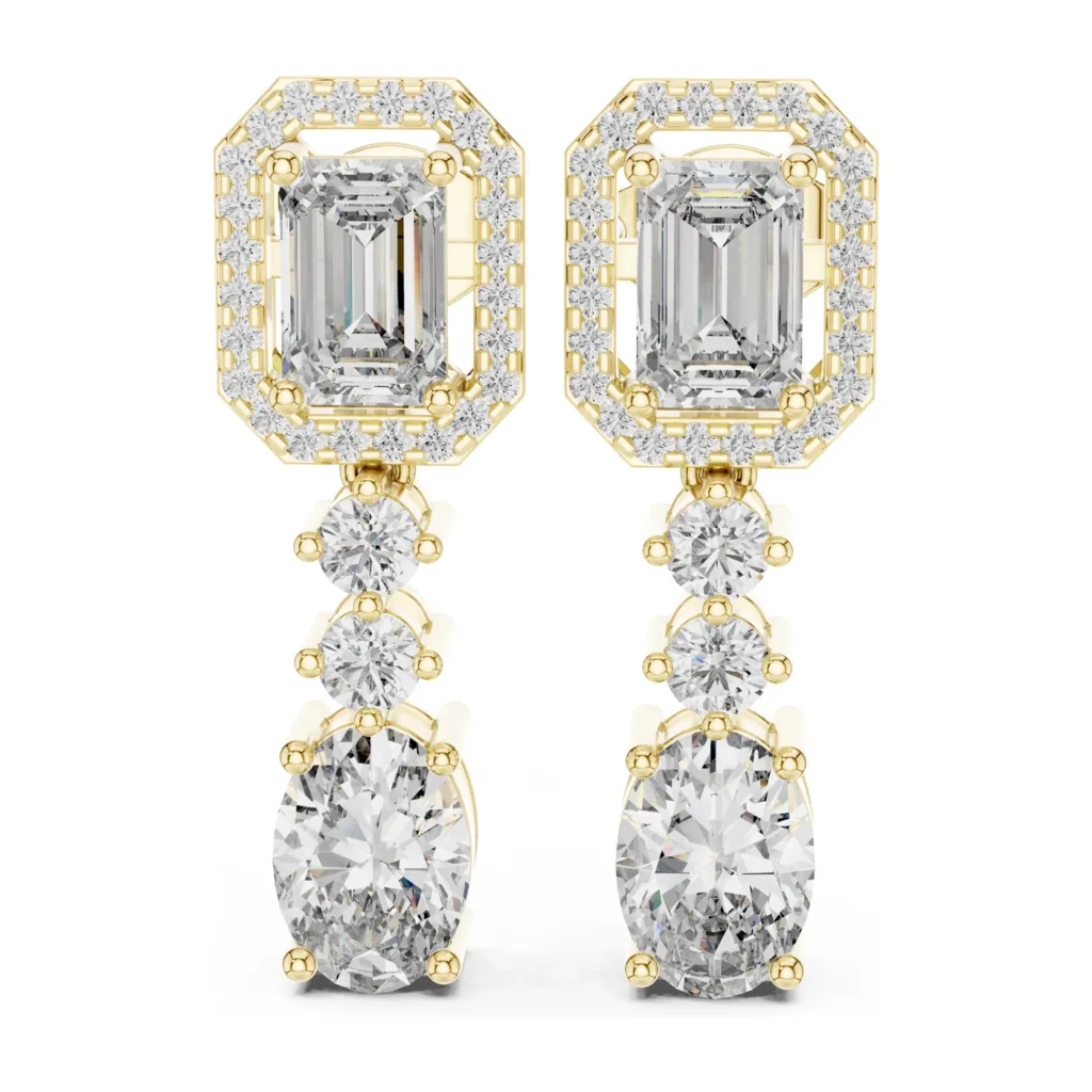 Emerald-Cut Halo Drop Earrings